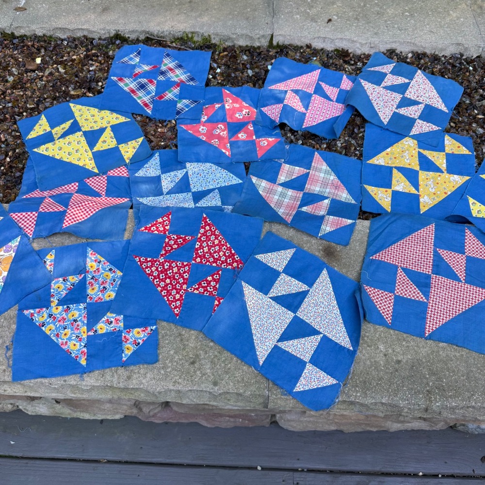Vintage Pieced Quilt Block Blue Floral Geometric 8.5x8.25 Random Pull